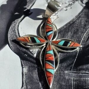 Silver and Multicolor Inlay NATIVE MADE Cross Pendant